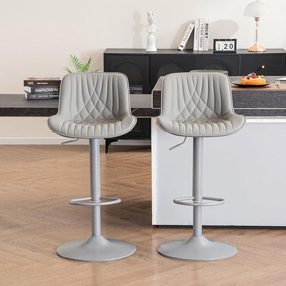 YOUTASTE Faux Leather Bar Stools Set of 2, All Grey Upholstered Counter Height Barstools with Back, Adjustable Swivel Stool Chair with Grey Metal Base for Home Kitchen Island