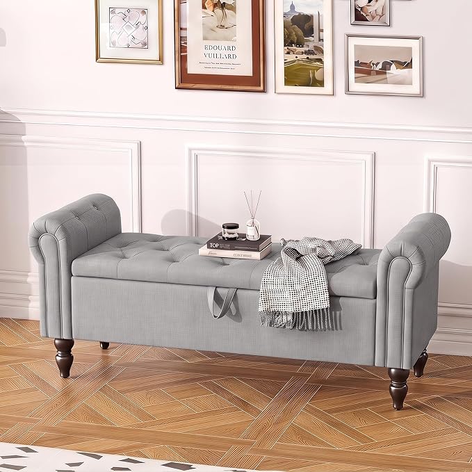 Furniliving 55” End of Bed Bench, Bedroom Bench with Button-Tufted, Large Upholstered Storage Ottoman Entryway Bench with Storage Shoe Cabinet Bench, for Bedroom, Linen, Grey