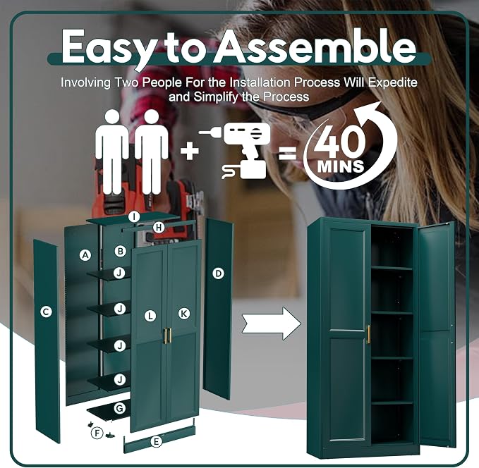 UNICOLY 71" Storage Cabinet, Metal Pantry Cabinet, Kitchen Pantry Storage Cabinets with Doors and 4 Shelves, Cabinets for Laundry Room, Living Room, Dinning Room, Assembly Required, Green