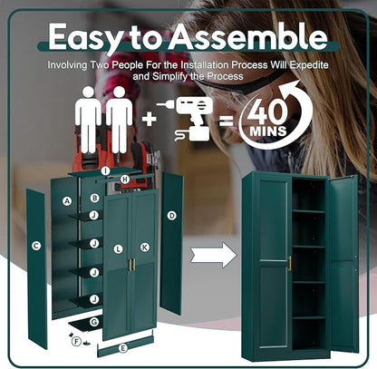 UNICOLY 71" Storage Cabinet, Metal Pantry Cabinet, Kitchen Pantry Storage Cabinets with Doors and 4 Shelves, Cabinets for Laundry Room, Living Room, Dinning Room, Assembly Required, Green
