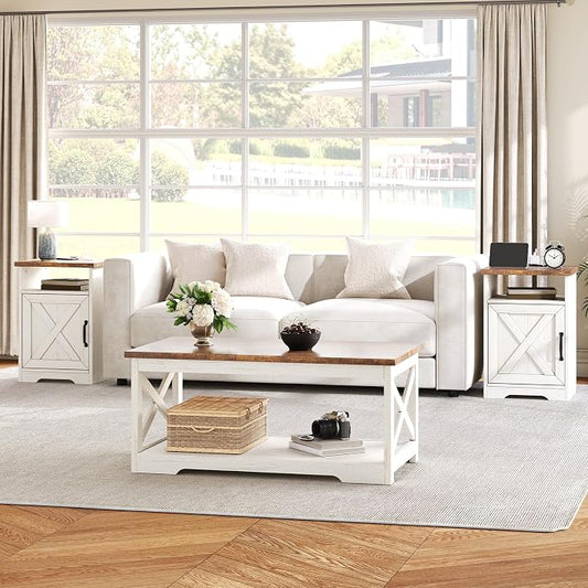 AMERLIFE 3-Piece Farmhouse Living Room Table Set with Coffee Table & 2 End Tables, Charging Station & USB Ports, Distressed White