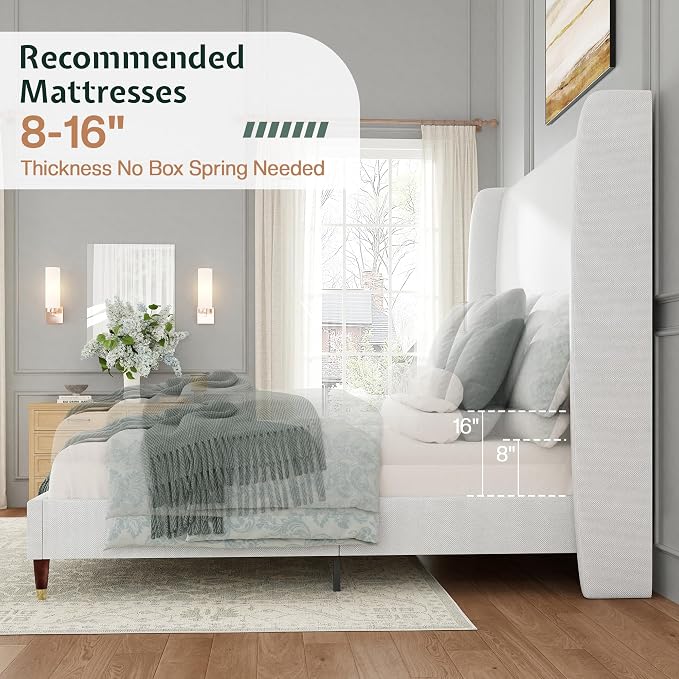 Jocisland King Size Bed Frame 51.2" Wingback Headboard Linen Upholstered Platform Bed,Solid Wood Legs & Wooden Slats,No Box Spring Needed,Noise-Free,for Family Master Suite Cozy Home,White