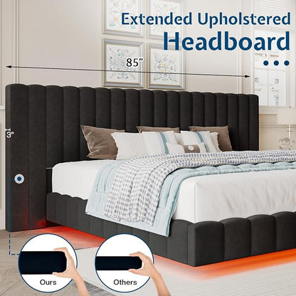 Jocisland King Size Bed Frame with 100" Wide Upholstered Headboard, Modern Velvet Floating Platform with LED Lights Underneath, No Box Spring Needed, Black
