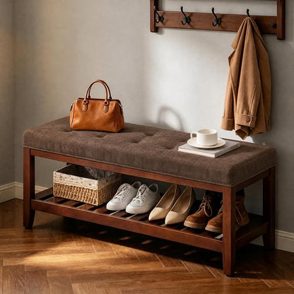 HUBSON 44" Entryway Shoe Bench, Upholstered End of Bed Bench with Solid Wood Shelf, Button Tufted Shoe Bench for Bedroom, Hallway, Living Room, Brown