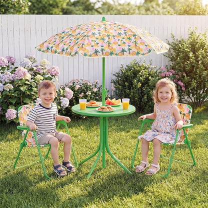 Costzon Kids Picnic Table, Kids Outdoor Table with 2 Folding Chairs, Height Adjustable Umbrella, Portable Children Outdoor Furniture for Patio, Garden, Backyard (Green Forest)