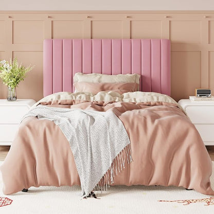 Allewie Twin Bed Frame, Velvet Upholstered Platform Bed with Adjustable Vertical Channel Tufted Headboard, Mattress Foundation with Strong Wooden Slats, Box Spring Optional, Easy Assembly, Pink