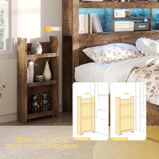 LUXOAK King Bed Frame with 49.6" Bookcase Headboard & 2 Bedside Stoage Racks & 4 Drawers, Farmhouse Wood Bed Frame with RGB LED & Charging Station, No Box Spring Needed, Rustic Brown