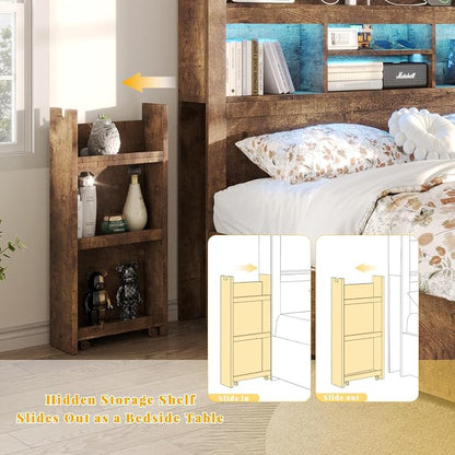 LUXOAK Full Bed Frame with 49.6" Bookcase Headboard & 2 Bedside Stoage Racks & 4 Drawers, Farmhouse Wood Bed Frame with RGB LED & Charging Station, No Box Spring Needed, Rustic Brown