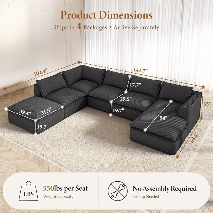 Vesgantti 141.7" Oversized Boneless Sectional Couch, Modern 7 Seater Modular Sofa with Chaise & Ottoman, Deep Seat Convertible Corduroy Cloud Couches for Living Room, No Assembly Required, Black