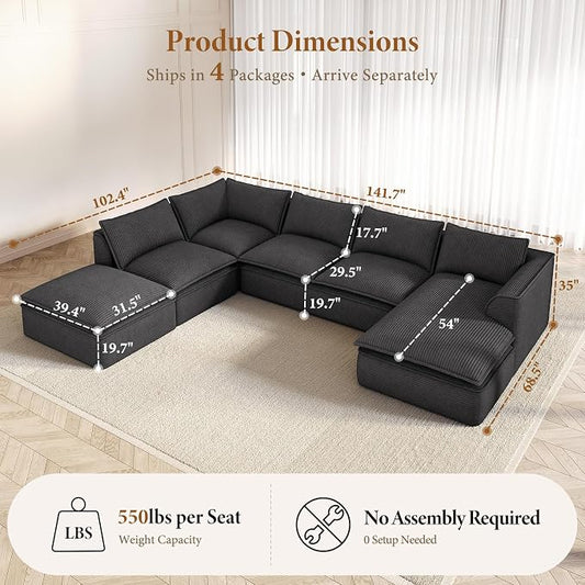 Vesgantti 141.7" Oversized Boneless Sectional Couch, Modern 7 Seater Modular Sofa with Chaise & Ottoman, Deep Seat Convertible Corduroy Cloud Couches for Living Room, No Assembly Required, Black