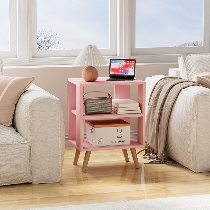 Huhote Kids Nightstand, 2-Tier Night Stand with Open Storage, Modern Side Table for Bedroom, Study Room, Small Spaces, Pink