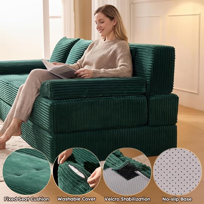 78.7IN Folding Sofa Bed - Convertible Sleeper Sofa Couch with Zippered Pillows, 3 Seater Couches Bed for Living Room, Bedroom, Apartment, No Assembly Required, Freestanding, Corduroy, Green