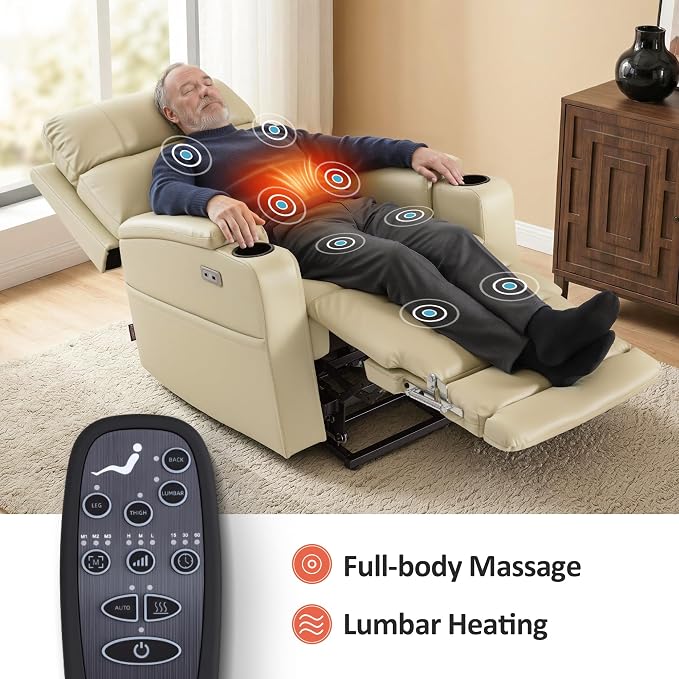 MCombo Lift Chair for Tall Man 6‘6’’, Dual Motor Power Lift Recliner Chair for Elderly, Lay Flat for Sleeping, Heat and Massage, USB & Type C, Faux Leather 7755 (Cream White)