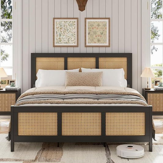 GarveeHome Full Size Bed Frame with Headboard, Boho Rattan Bed Frame with Strong Metal Slat, Noise Free, No Box Spring Needed, Black and Natural