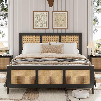 GarveeHome Queen Size Rattan Bed Frame with Headboard, Black Boho Cane Platform Bed Frame with Strong Metal Slat, Noise Free, No Box Spring Needed