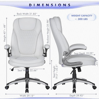 COLAMY Executive Office Chair-Ergonomic Computer Desk Chair, High Back Leather Chair with Padded Flip-up Arms, Swivel Home Office Chair Upgraded Caster, White