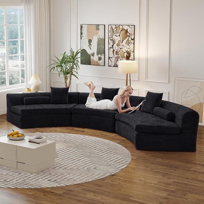 AVZEAR Curved Modular Sectional Sofa, Chenille Upholstered Cloud 1 Seater Couch for Living Room, No Assembly Modern Love Seat Sofa with 1 Bolster Pillows & 1 Square Pillows, High-Density Foam, Black