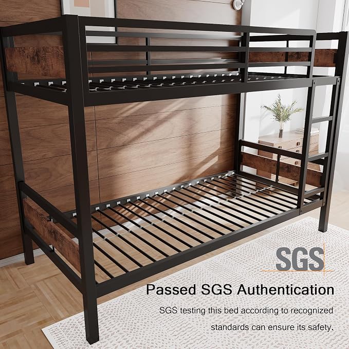 Einhomn Bunk Bed Twin Over Twin, Heavy Duty Metal Bed with Ladder and Full-Length Guardrail, Under-Bed Storage Space, No Box Spring Needed, Noise Free, Rustic Brown