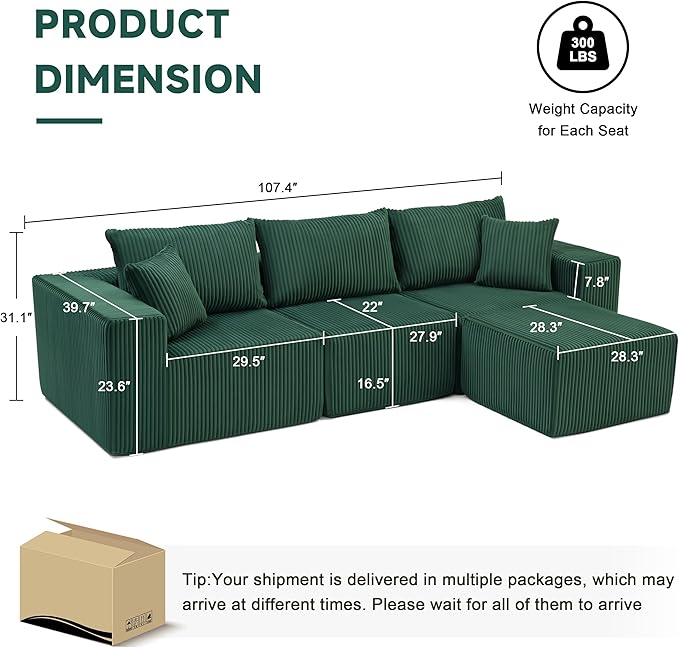 Weture 107.4" Cloud Couch Sectional, Modular Sofa with Deep Seat, Plush Corduroy L Shaped Boneless Couch, Convertible Sectional Couches for Living Room, 4Seat, Green