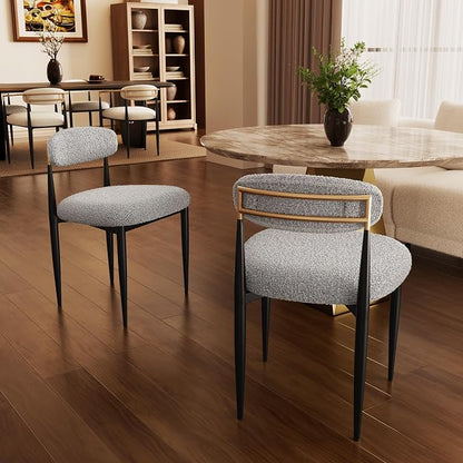 Morden Fort Modern Dining Chairs Set of 2, Boucle Upholstered Kitchen Chairs with Open Backs and Black Metal Legs for Dining Room, Kitchen and Apartment, Grey