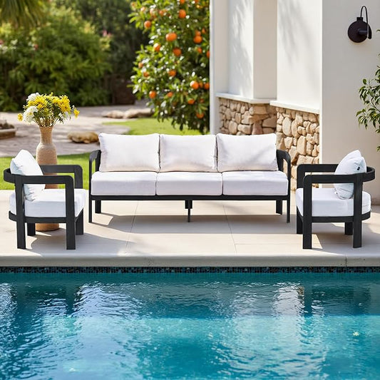 Outdoor Furniture Set, Metal Patio Conversation Set with 6" Thick Cushions, Outdoor Couch Sofa and Patio Chairs Set for Backyard Porch Balcony, White