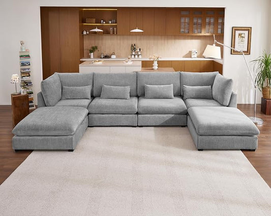 154" Oversized Chenille Couch Modular Sectional Sofa, Washable Cloud Couch Sectional with 2 Ottoman, 6 Seater Sectional Couches for Living Room, Fully Cover Removable, U Shaped, Chenille, Grey