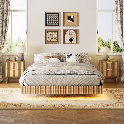 LYNSOM 3 Pieces Queen Bedroom Set, Floating Bed Frame with Smart LED Lights & Nightstand Set of 2, Fluted Bedroom Furniture Set for Home, Bedroom, Walnut