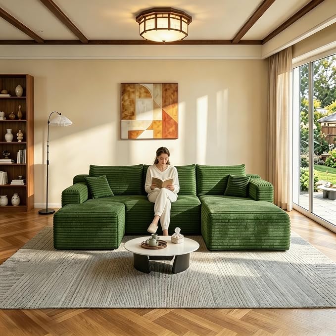 JINGLING 94" U Shaped Boneless Sectional Couch Set for Living Room, Plush Corduroy Modular Sofa with Ottoman, Small Space Apartment Couch, No Assembly, Right Facing Chaise, Green