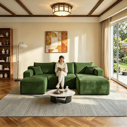 JINGLING 94" U Shaped Boneless Sectional Couch Set for Living Room, Plush Corduroy Modular Sofa with Ottoman, Small Space Apartment Couch, No Assembly, Right Facing Chaise, Green