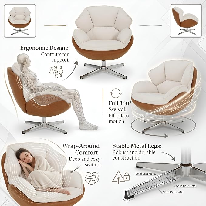 BESTANO Swivel Accent Chair, Chenille Upholstered Modern Living Room Chair with Backrest 360 Degree Metal Base Armless Reading Chair for Bedroom, Beige