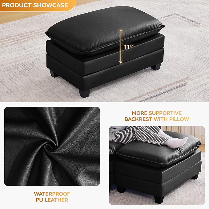 WUTUTUEE 35'' Modern Leather Cloud Sofa Ottoman,Rectangle Ottoman for Modular Sectional Sofa, Leather Black