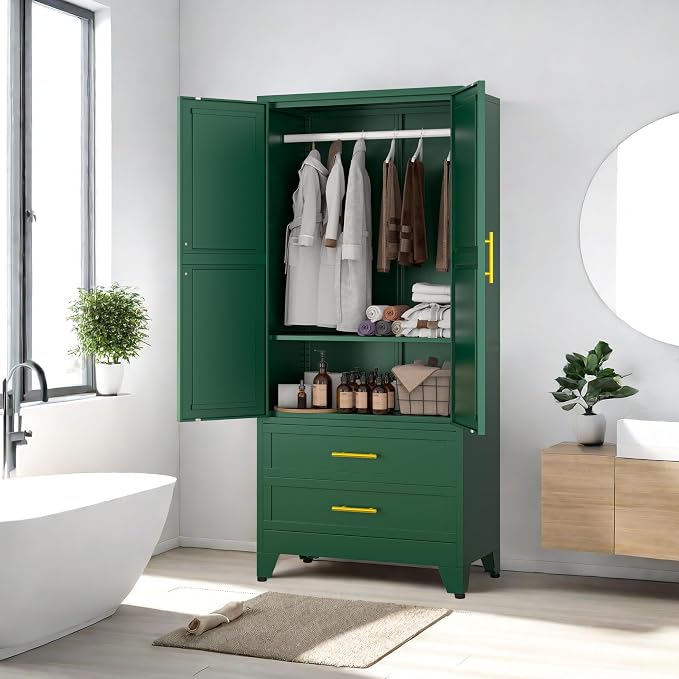 PAOFIN Green 71" Metal Armoire Wardrobe Closet, Bedroom Clothing Storage Cabinet with 2 Drawers and Hanging Rod, Freestanding Armoire Cabinet with Adjustable Shelves