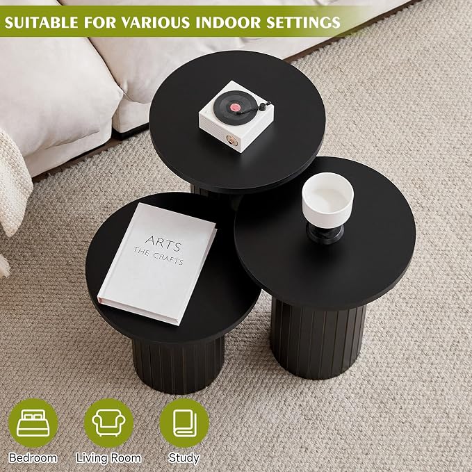 Round Side Tables Set of 3, Circle Modern Fluted Nesting Coffee Table, Accent End Table Set for Living Room and Bedroom, Black