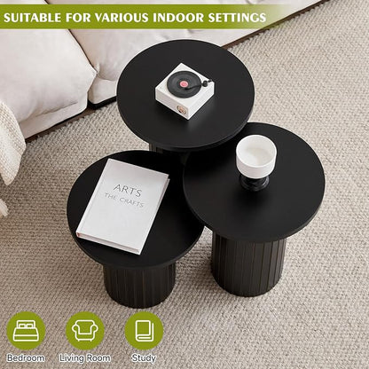 Round Side Tables Set of 3, Circle Modern Fluted Nesting Coffee Table, Accent End Table Set for Living Room and Bedroom, Black
