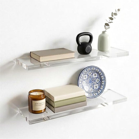 Set of 2 Acrylic Floating Shelves - 22" Clear floating shelves for Bathroom & Living Room - 22" x 7" x 0.6" Invisible Wall Mounted Shelves for Books , Lego Display, Waterproof, Holds 60 lbs on drywall