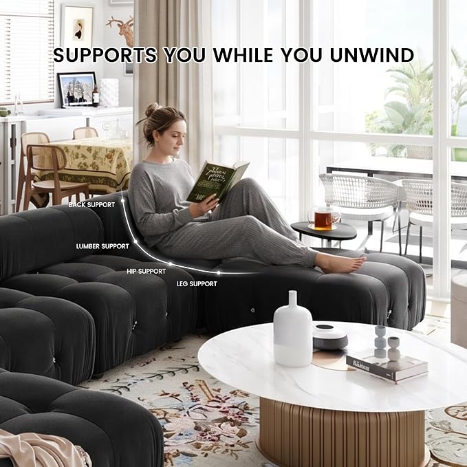 Modular Sectional L Shape Sofa Couch, Modern Velvet Black 4-Seater Sofa with Ottoman for Living Room Office Apartment (104in/Black)