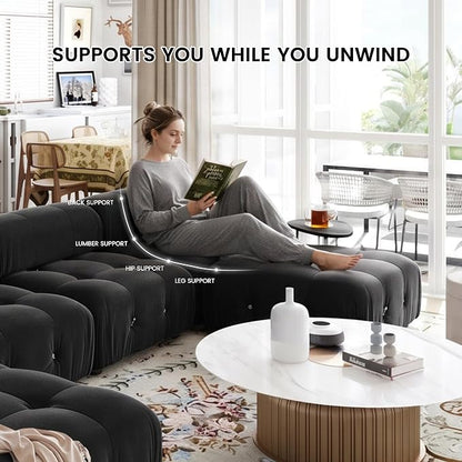 Modular Sectional L Shape Sofa Couch, Modern Velvet Black 4-Seater Sofa with Ottoman for Living Room Office Apartment (104in/Black)