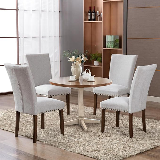 COLAMY Upholstered Parsons Dining Chairs Set of 2, Fabric Dining Room Kitchen Side Chair with Nailhead Trim and Wood Legs - Light Grey