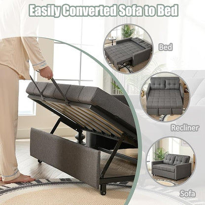 GOSUHI 52" Sleeper Sofa with Pull-Out Bed, 3-in-1 Convertible Sofa Bed, Set of Loveseat with Stepless Adjustable Backrest and Side Pocket, for Living Room Dorm Apartment, Linen, Dark Gray