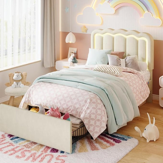 SHA CERLIN Upholstered Twin Size Bed Frame with LED Lights and Large Storage Drawer, Velvet Platform Bed with Adjustable Wavy Headboard, Noise Free, Easy Assembly, No Box Spring Needed, Soft Cream