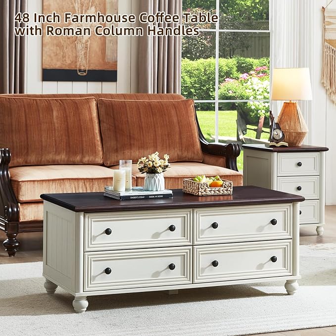 RWYHG 48" Farmhouse Coffee Table with Hidden Storage,Wooden Coffee Tables with 4 Drawers & Roman Column Handle,Rectangular Rustic Center Table with Solid Wood Curved Base for Living Room,Office,White