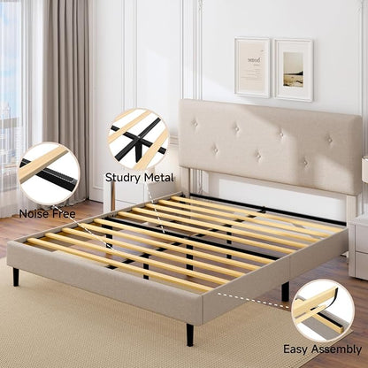 King Size Linen Bed Frame, Upholstered Platform Bed Frame with Adjustable Headboard, Wooden Slats Support, Easy Assembly, No Box Spring Needed, Beige