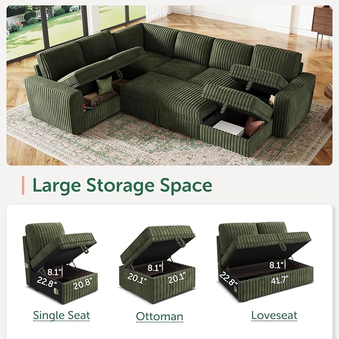 HONBAY Modular Sectional Sleeper Sofa with Pull Out Bed,Corduroy U Shaped Couch with Storage, Sectional Couches for Living Room,Green
