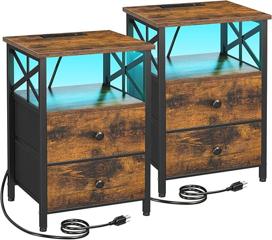 AMHANCIBLE Nightstands Set of 2 with Charging Station, LED Night Stand with 2 Storage Drawers, End Tables with USB Ports and Outlets, Modern Bedside Tables for Bedroom, Brown, HET052LBR