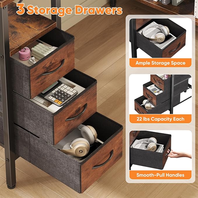 DUMOS L Shaped Desk with Shelf Drawers 47 Inch, Brown Corner Computer Desks Gaming with Power Outlet, Study Table with Adjustable Shelves, Home Office Tables for Bedroom Teacher Reading Writing