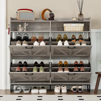 BORNOON Shoe Cabinet with 4 Flip Drawers Narrow Shoe Storage Cabinet Organizer Wooden Freestanding Shoe Rack Hidden Slim Shoes Storage Cabinet for Entryway, Hallway, Living Room, Bedroom
