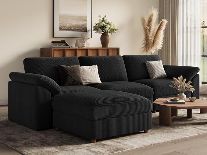 EASE MOOSE Black Modular Sectional deep Sofa, Modern Comfty Large L Shape Sectional Deep Couch with Ottoman, Oversized Modular Sofa for Living Room