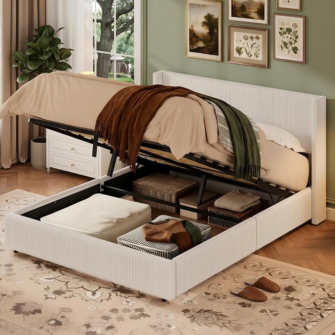 Garvee Queen Lift Up Storage Bed Frame, Corduroy Upholstered Platform Bed with Gas Lift, Padded Headboard, Wooden Slat Support, No Box Spring Needed, Easy Assembly, White
