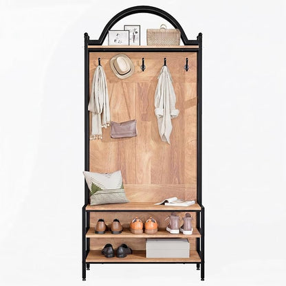 72" Farmhouse Hall Tree with Bench and Shoe Storage, Entryway Coat Rack with 5 Hooks, Arched Hall Tree with Shoe Rack Organizer, Rustic Wood & Metal Frame for Entryway, Mudroom, Foyer