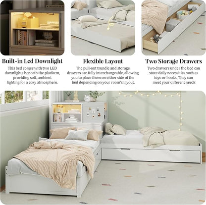 Merax L-Shaped Combination Twin Bed Frame with Trundle,Drawer,Built-in Desk and Led Downlight,3-in-1 Design for Bedroom